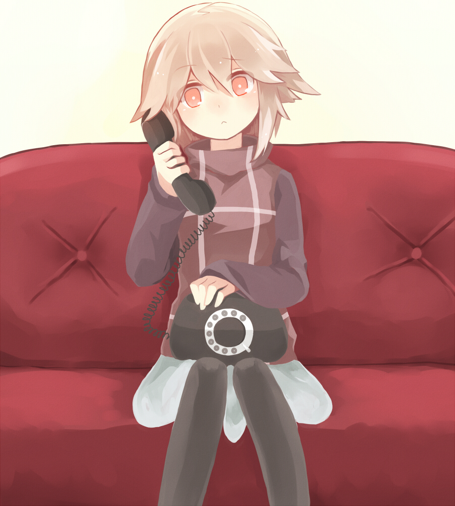 1girl, :<, blonde_hair, corded_phone, couch, looking_away, phone, red_eyes