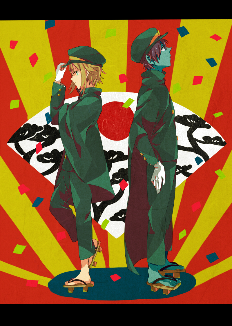 1boy, 1girl, back-to-back, blue_skin, crossdressinging, expressionless, full_body, gakuran