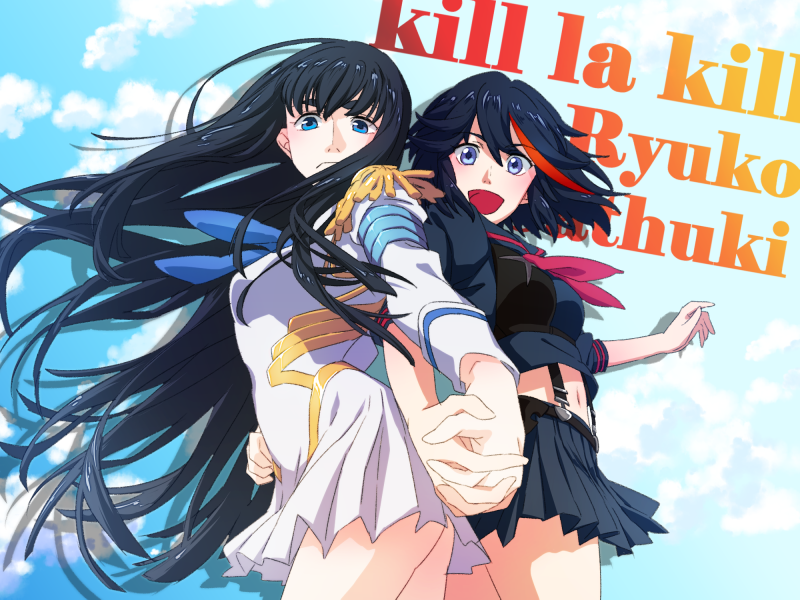2girls, black_hair, blue_eyes, dress, epaulettes, holding_hands, junketsu, kill_la_kill