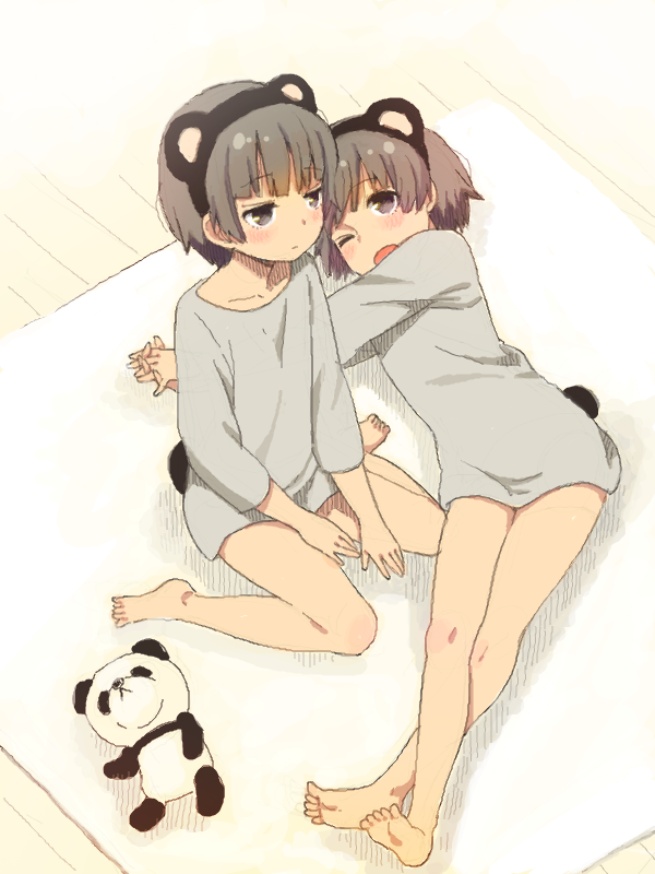 2girls, ;o, animal_ears, bare_legs, barefoot, black_eyes, black_hair, blush