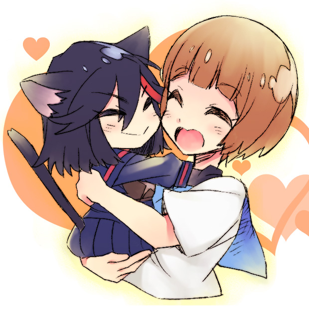 2girls, animal_ears, black_hair, brown_hair, cat_ears, cat_tail, heart, hisagi-y4
