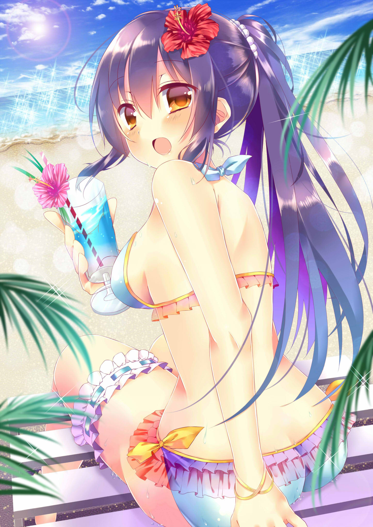 1girl, beach, bikini, black_hair, drink, frilled_bikini, frills, highres