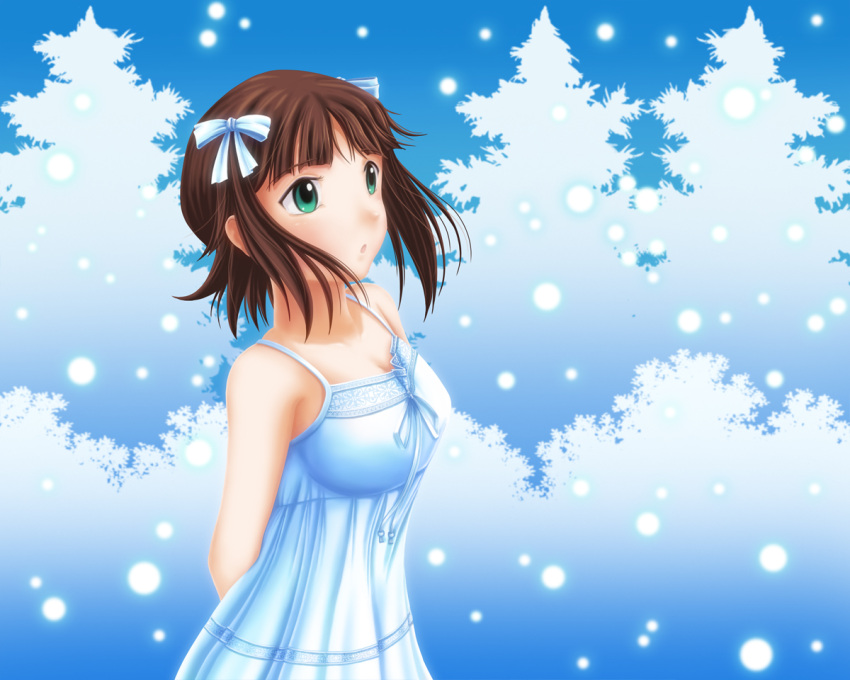 1girl, amami_haruka, arms_behind_back, breasts, brown_hair, cleavage, dress, gadowiiru