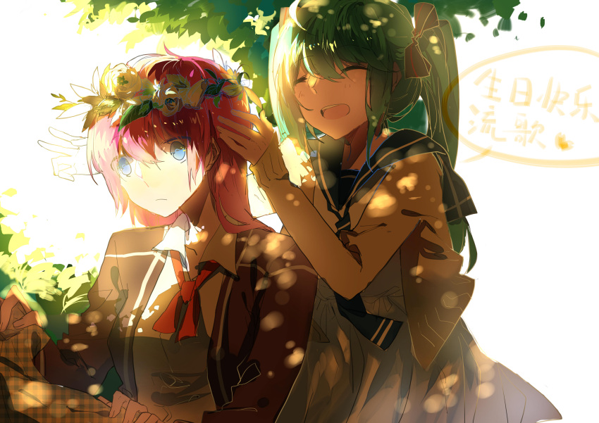 2girls, absurdres, blue_eyes, closed_eyes, green_hair, hatsune_miku, head_wreath, highres