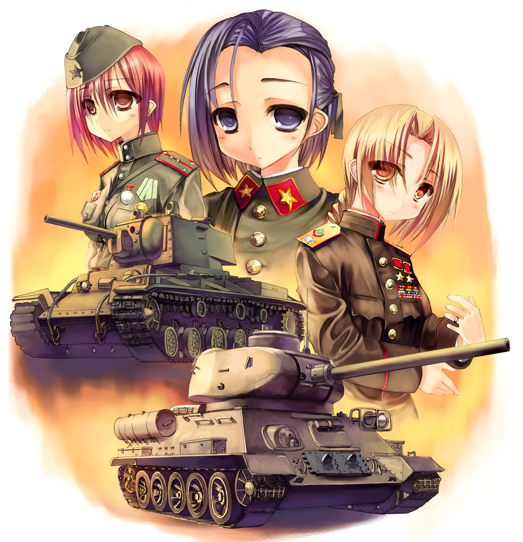 3girls, blonde_hair, braid, caterpillar_tracks, commentary, epaulettes, graphite_(medium), hair_ribbon