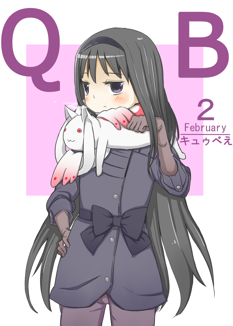 akemi_homura, black_hair, blush, coat, february, gloves, hairband, hand_on_hip