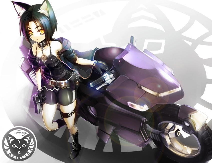 bare_shoulders, belt, bike_shorts, black_hair, cat_ears, collar, gun, jacket, motor_vehicle, motorcycle, ookuma_(nitroplus), original, panda_(pixiv), solo, vehicle, weapon, yellow_eyes