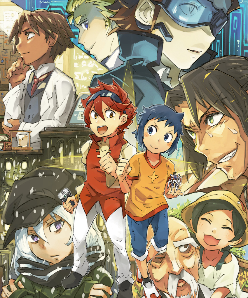 aila_jyrkiainen, allan_adams, blonde_hair, blue_hair, brown_hair, facial_hair, geetgeet, gundam, gundam_build_fighters, hat, highres, iori_sei, labcoat, master_chinnan, meijin_kawaguchi, nils_nielsen, redhead, reiji_(gundam_bf), ricardo_fellini, silver_hair, star_build_strike_gundam, stubble, sunglasses, sunglasses_on_head, yasaka_mao, yuuki_tatsuya_(gundam_bf)