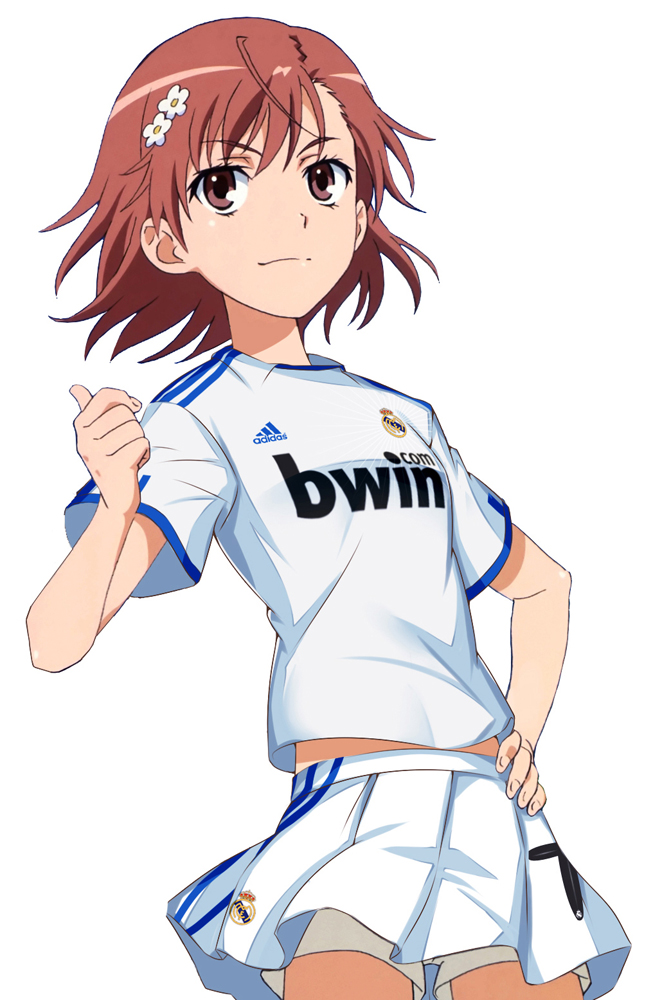 1girl, fc_real_madrid, female, flower, hair_flower, kurosaki_samurai, misaka_mikoto, real_madrid, shorts, simple_background, skirt, smile, soccer, soccer_uniform, solo, sports_uniform, thumbs_up, to_aru_kagaku_no_railgun, to_aru_majutsu_no_index, uniform, white_background