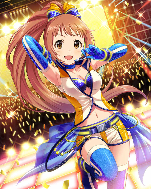 1girl, artist_request, blue_legwear, blush, boots, brown_eyes, brown_hair, gloves