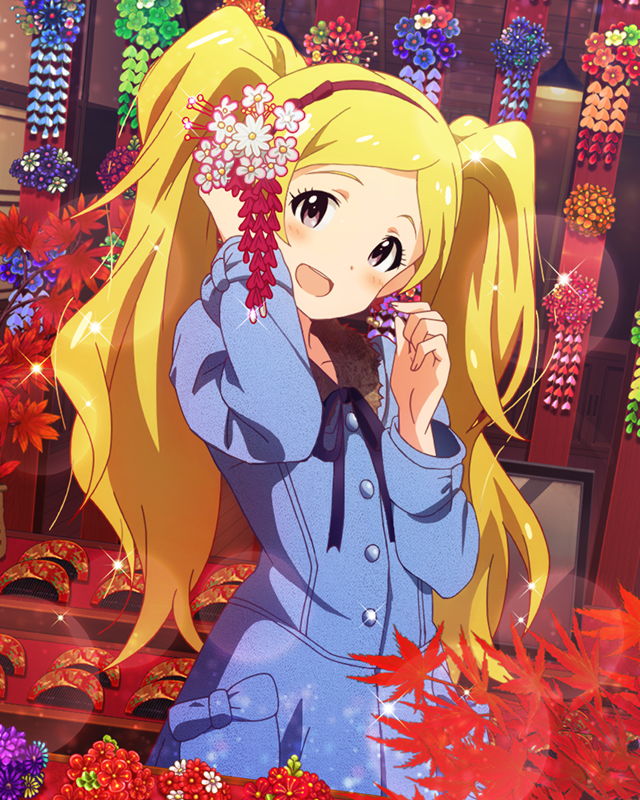 1girl, artist_request, blonde_hair, blush, dress, emily_stuart, flower, hair_ornament, happy, idolmaster, idolmaster_million_live!, jacket, long_hair, official_art, open_mouth, smile, solo, twintails, violet_eyes