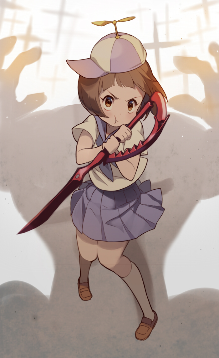 1000marie, 1girl, :i, blue_skirt, brown_eyes, brown_hair, gamagoori_ira, hat