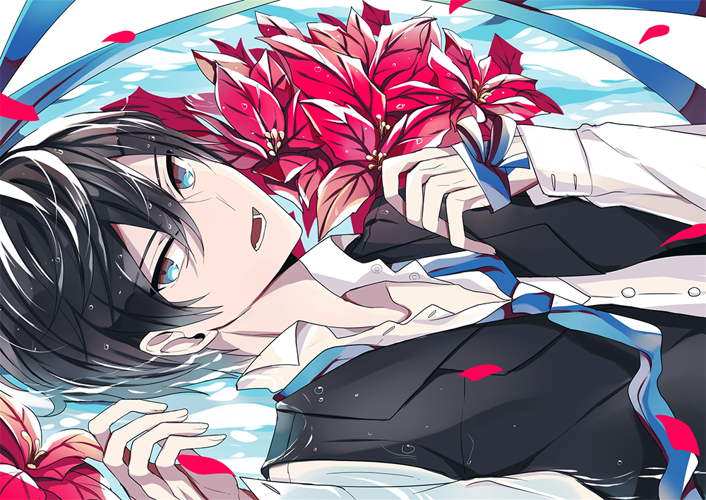 1boy, black_hair, blue_eyes, flower, free!, nanase_haruka_(free!), necktie, partially_submerged, solo, suki_(crossberry), vest, waistcoat