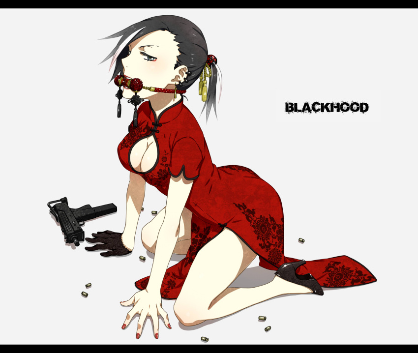 1girl, arm_support, black_eyes, black_hair, black_hood, breasts, bullet, china_dress