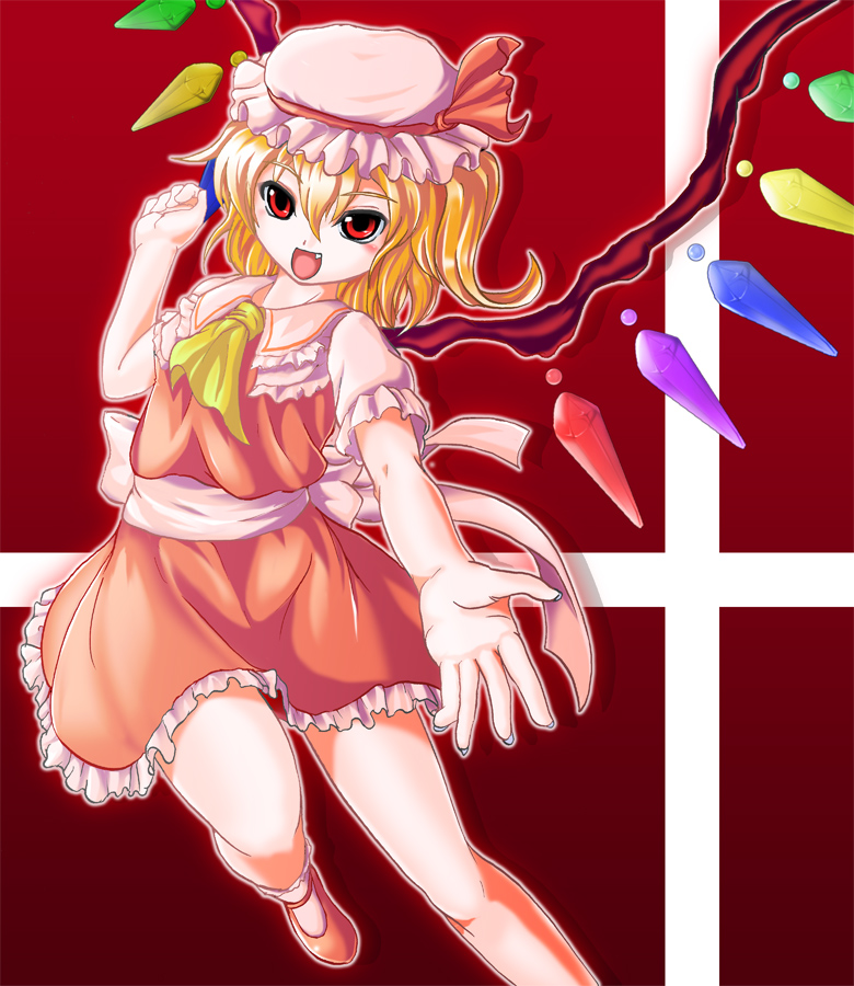 1girl, ascot, blonde_hair, fang, fingernails, flandre_scarlet, hat, hat_ribbon