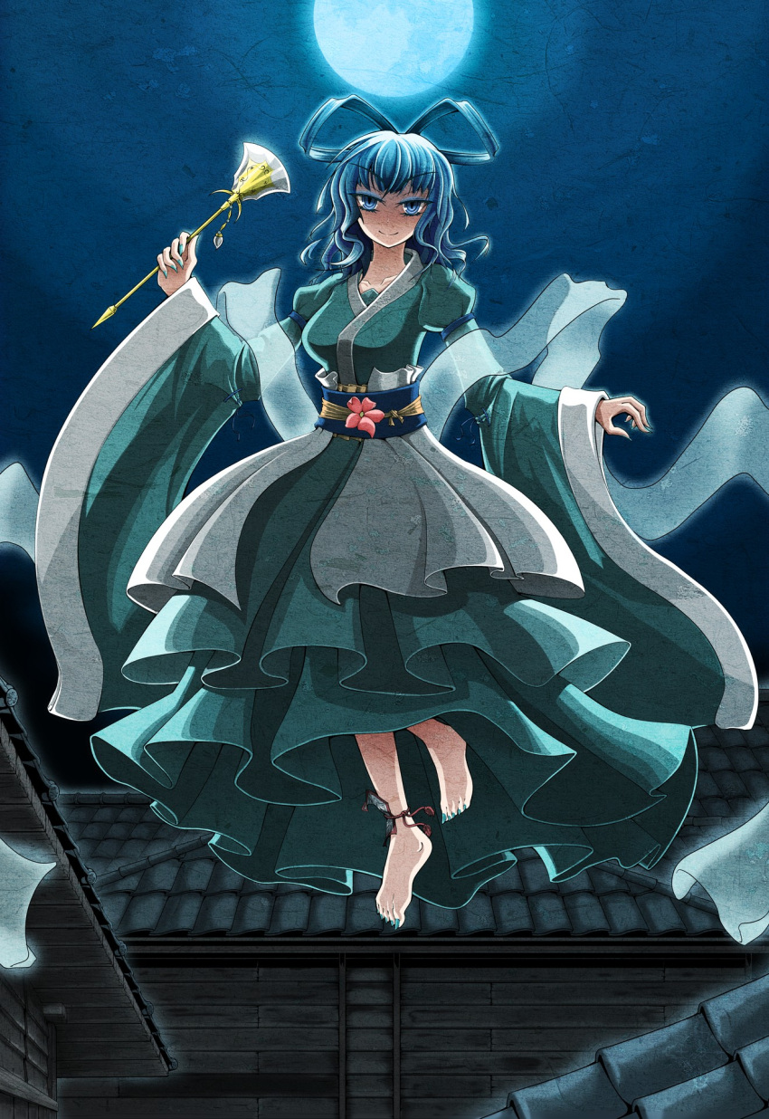 1girl, adapted_costume, blue_dress, blue_eyes, blue_hair, dress, evil_smile, fingernails
