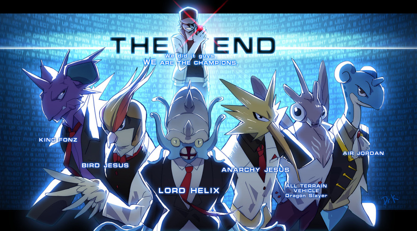 dr.k, formal, lapras, nidoking, omastar, pidgeot, poke_ball, pokemon, red_(pokemon), suit, the_end_(phrase), twitch_plays_pokemon, venomoth, zapdos