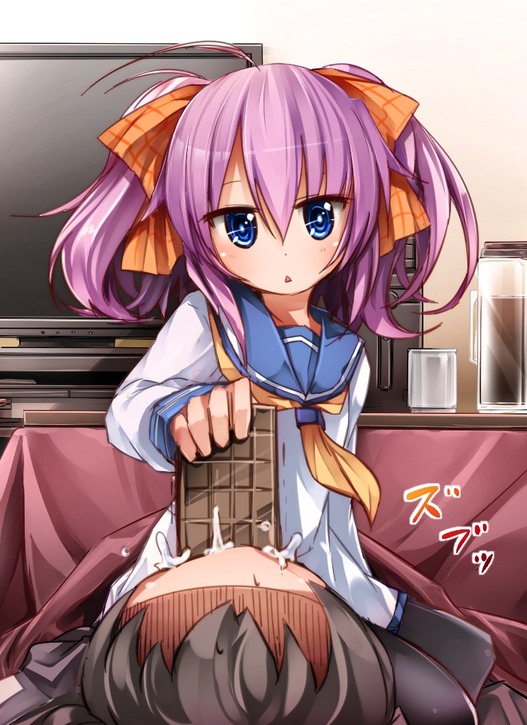 1boy, 1girl, ahoge, blue_eyes, brown_hair, chocolate, feeding, force_feeding