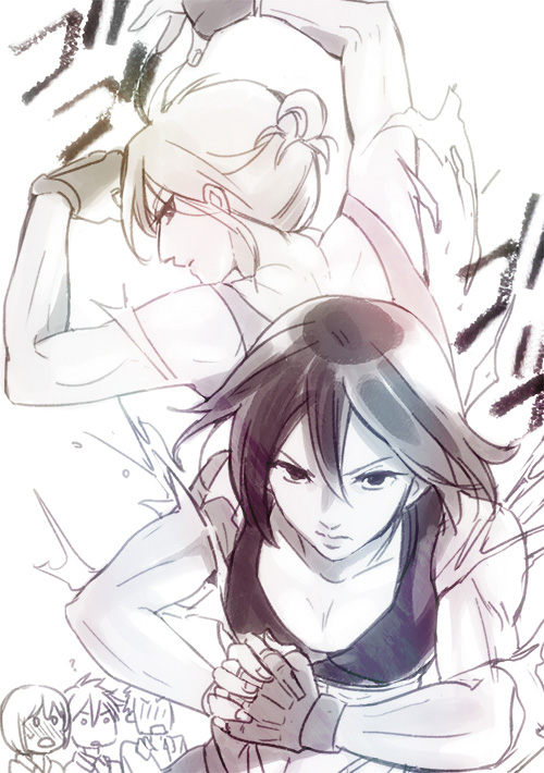 amanattou, annie_leonhardt, armin_arlert, eren_jaeger, flexing, jean_kirchstein, mikasa_ackerman, muscle, pose, shingeki_no_kyojin, short_hair, sports_bra, torn_clothes
