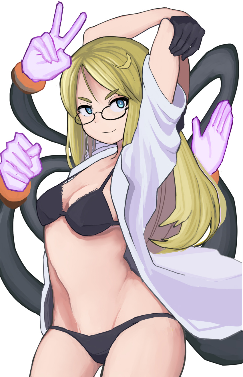 1girl, absurdres, black_bra, black_gloves, black_panties, blonde_hair, blue_eyes, bra