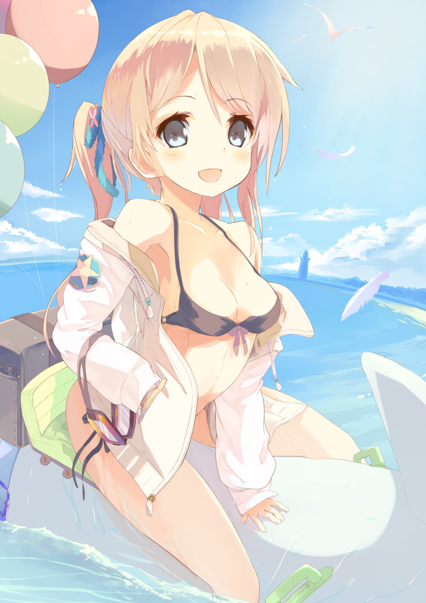 1girl, :d, bag, balloon, bikini, bird, black_bikini, blonde_hair