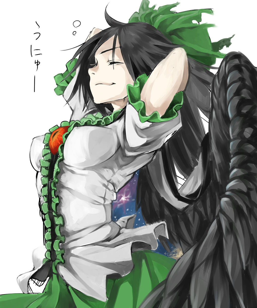 1girl, arms_behind_head, arms_up, azuki_(azuki-taste), black_hair, black_wings, cape, closed_eyes
