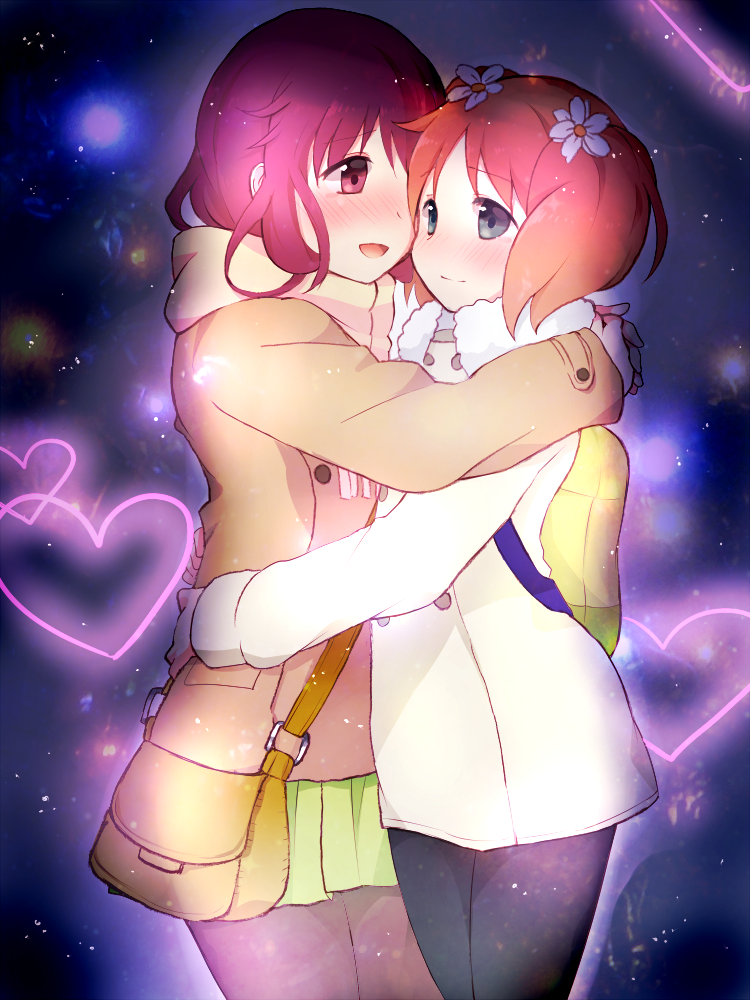 2girls, :d, backpack, bag, blonde_hair, blue_eyes, blush, couple