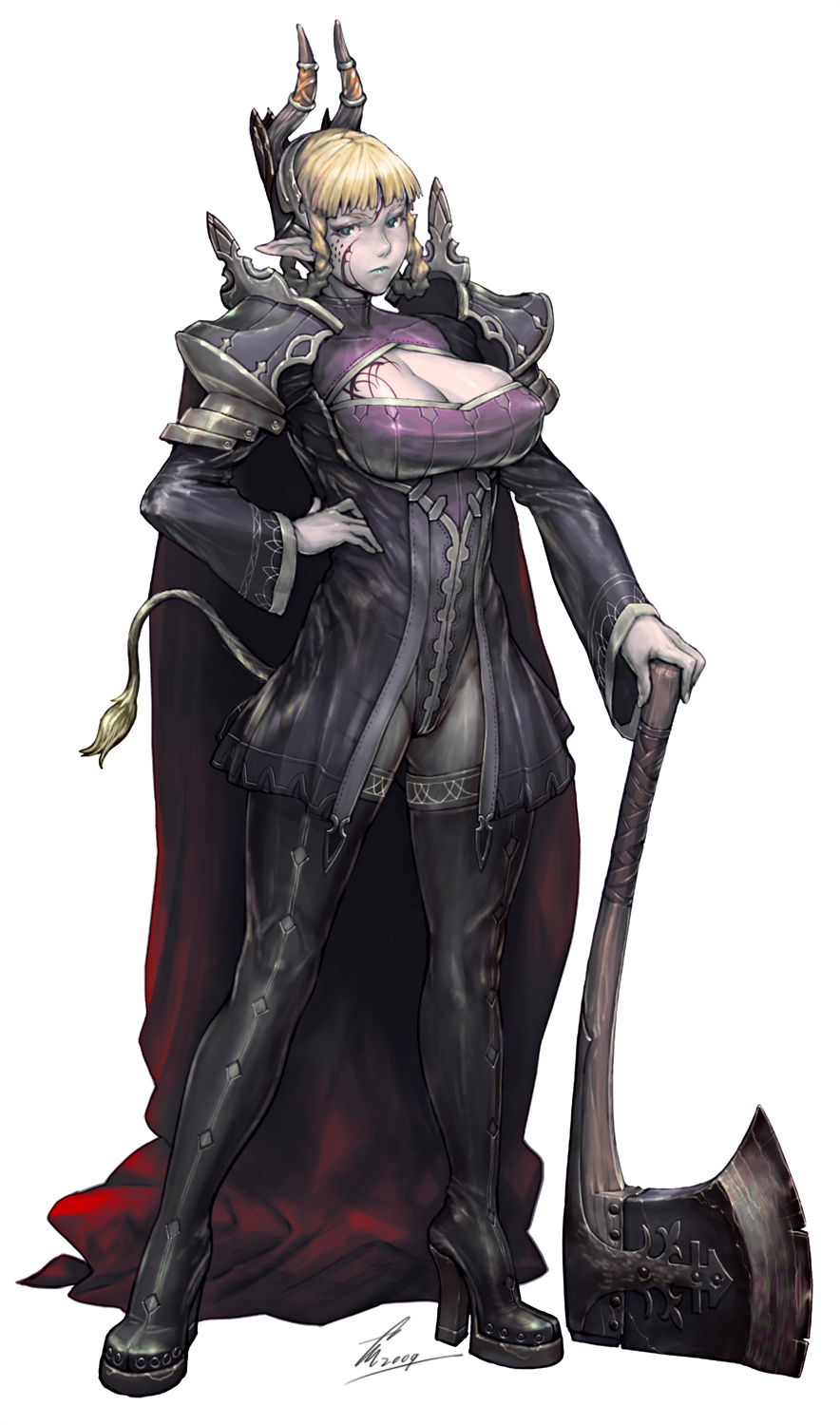 armor, axe, bad_id, blonde_hair, boots, braid, breasts, cape