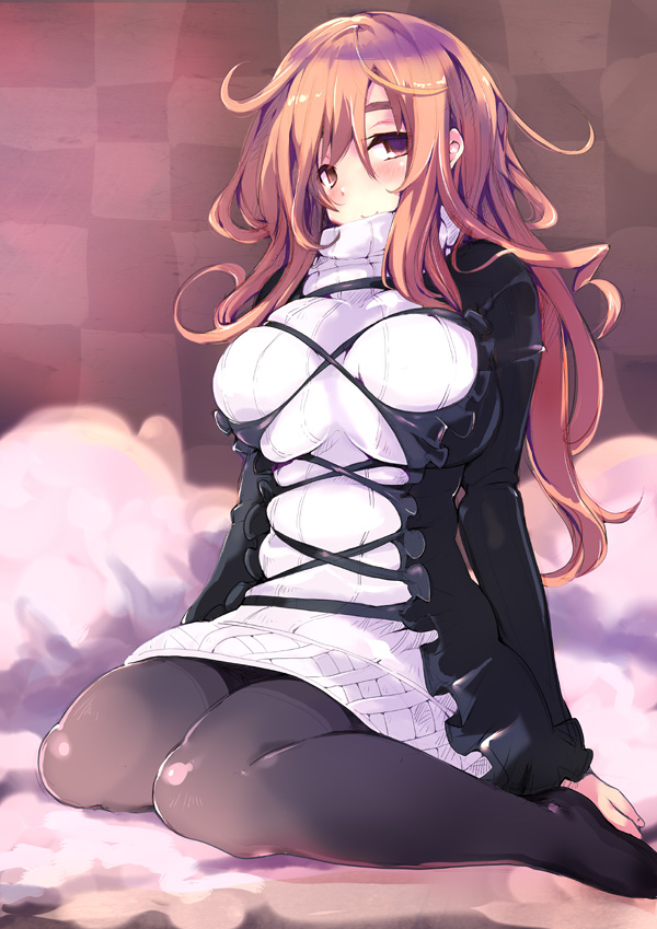 1girl, adapted_costume, blush, breasts, brown_eyes, brown_hair, gradient_hair, hijiri_byakuren