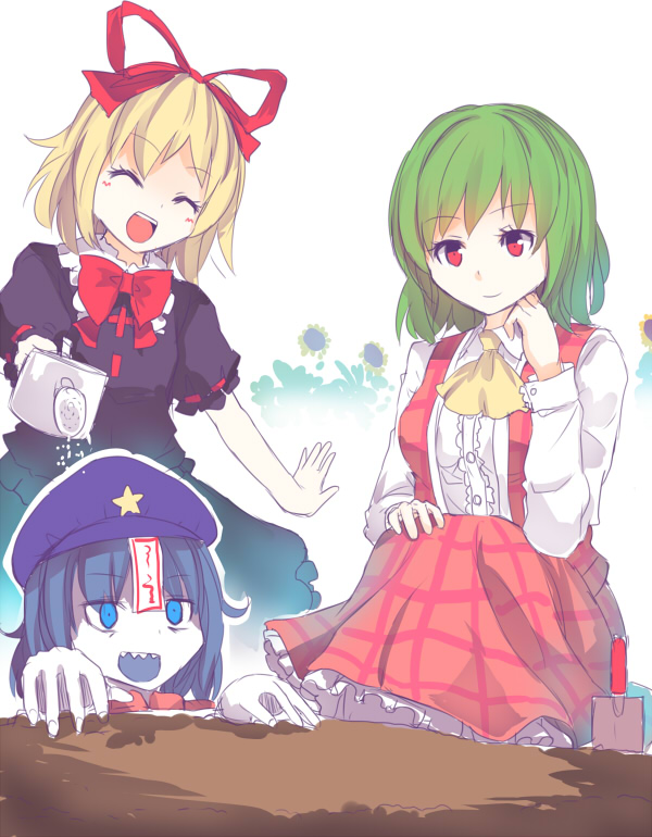 3girls, ascot, beret, blonde_hair, blue_eyes, blue_hair, buried, closed_eyes