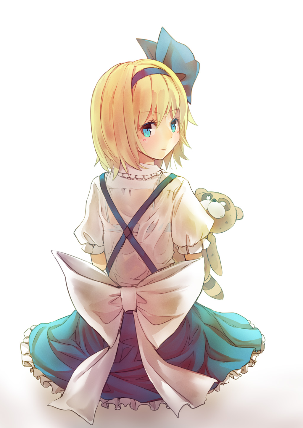 1girl, alice_margatroid, alice_margatroid_(pc-98), backlighting, blonde_hair, blue_bra, blue_eyes, bra, culter, hair_ribbon, highres, looking_at_viewer, looking_back, puffy_sleeves, raccoon, ribbon, sash, see-through, shirt, short_hair, short_sleeves, skirt, smile, solo, stuffed_animal, stuffed_toy, suspenders, touhou, touhou_(pc-98), underwear
