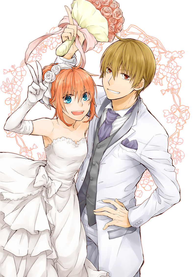 1boy, 1girl, bare_shoulders, blue_eyes, bouquet, brown_hair, couple, dress
