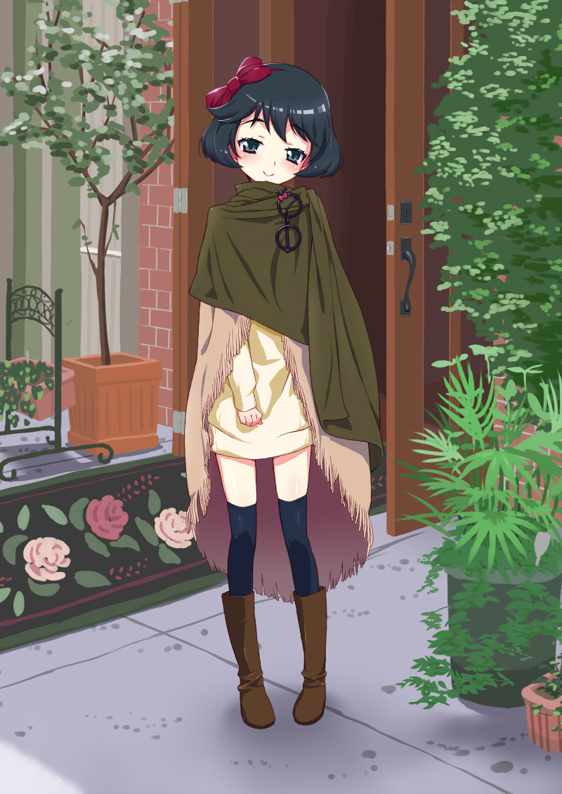 1girl, black_eyes, black_hair, black_legwear, blush, boots, casual, girls_und_panzer