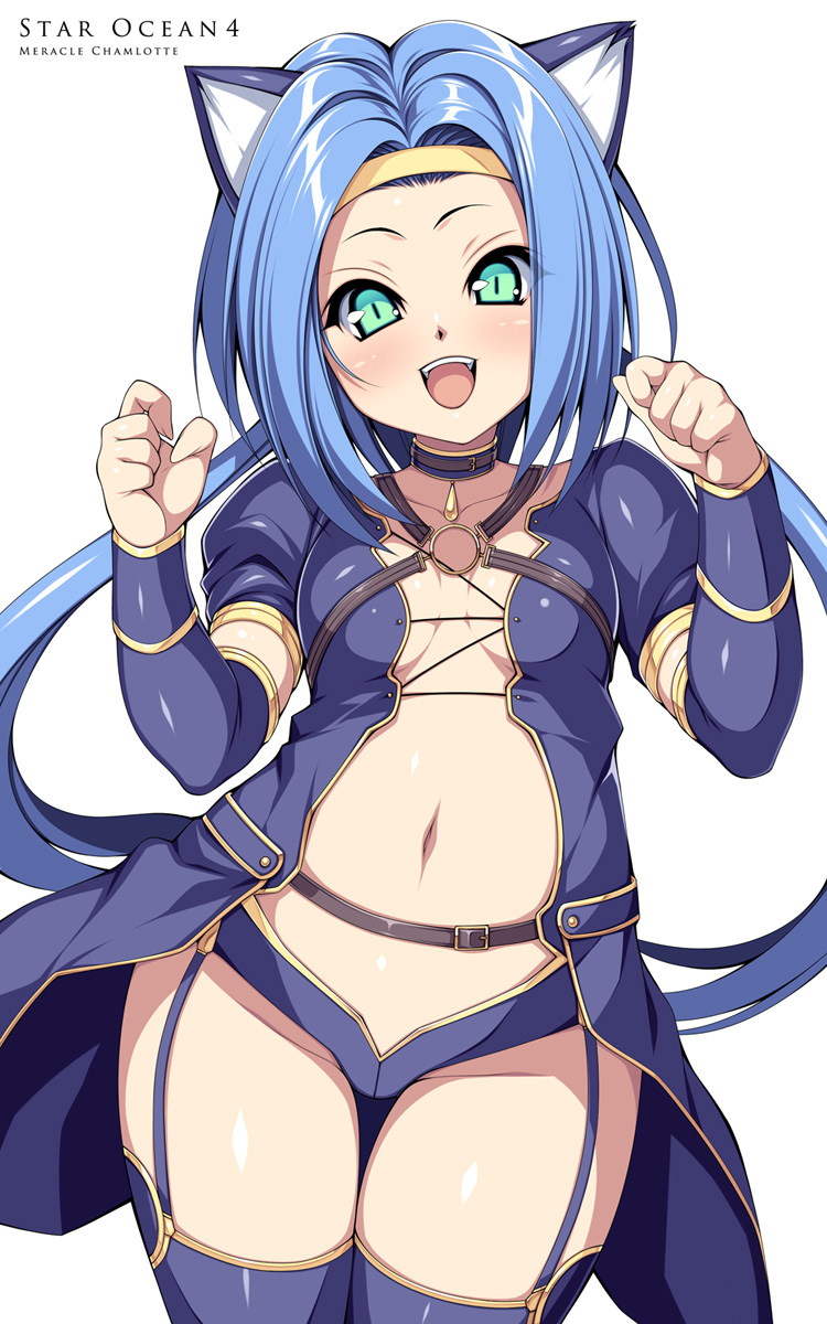 1girl, animal_ears, blue_hair, blue_legwear, cat_ears, character_name, choker, circlet