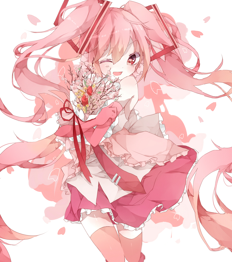 1girl, ;d, bouquet, elbow_gloves, flower, gloves, hatsune_miku, long_hair