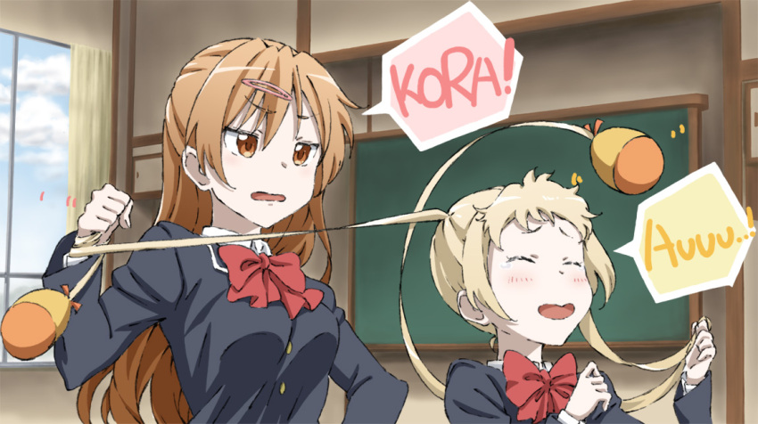 2girls, amahara_hiroaki, ascot, blonde_hair, blue_eyes, brown_eyes, brown_hair, chuunibyou_demo_koi_ga_shitai!