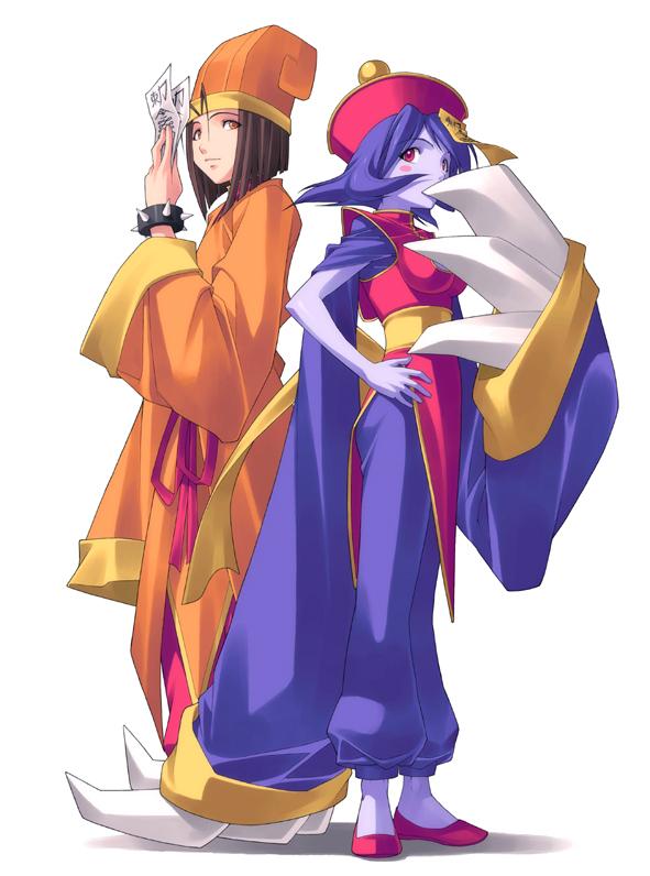 artist_request, back-to-back, blush_stickers, bob_cut, bracelet, brown_hair, chinese_clothes, claws, extra_arms, hand_on_hip, hand_over_mouth, hat, impossible_clothes, jewelry, lei_lei, lin-lin, lin_lin, looking_back, ofuda, orange_eyes, purple_hair, purple_skin, red_eyes, robe, sash, shoes, short_hair, spiked_bracelet, spikes, standing, turtleneck, vampire_(game)