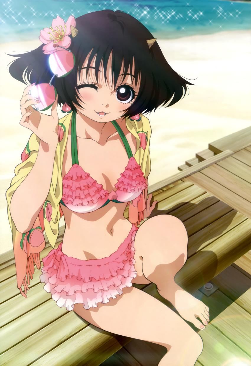 1girl, absurdres, barefoot, beach, bikini, blush, breasts, brown_eyes