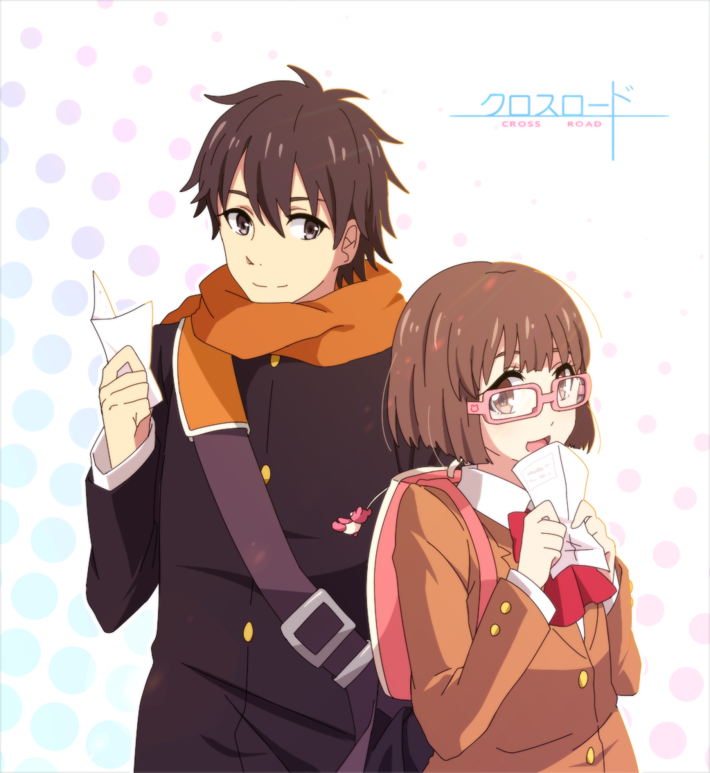 1boy, 1girl, bag, bowtie, glasses, letter, miho_(cross_road), mokoppe