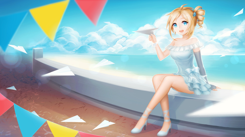 1girl, absurdres, aizawa_inori, alternate_costume, aposekari, arm_support, bare_shoulders, blue_eyes