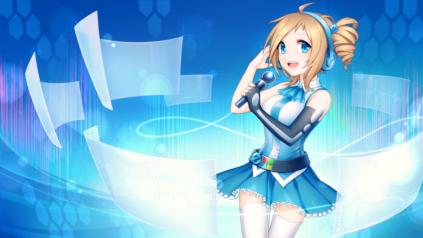 1girl, ahoge, aizawa_inori, aposekari, bare_shoulders, belt, blue_eyes, brown_hair
