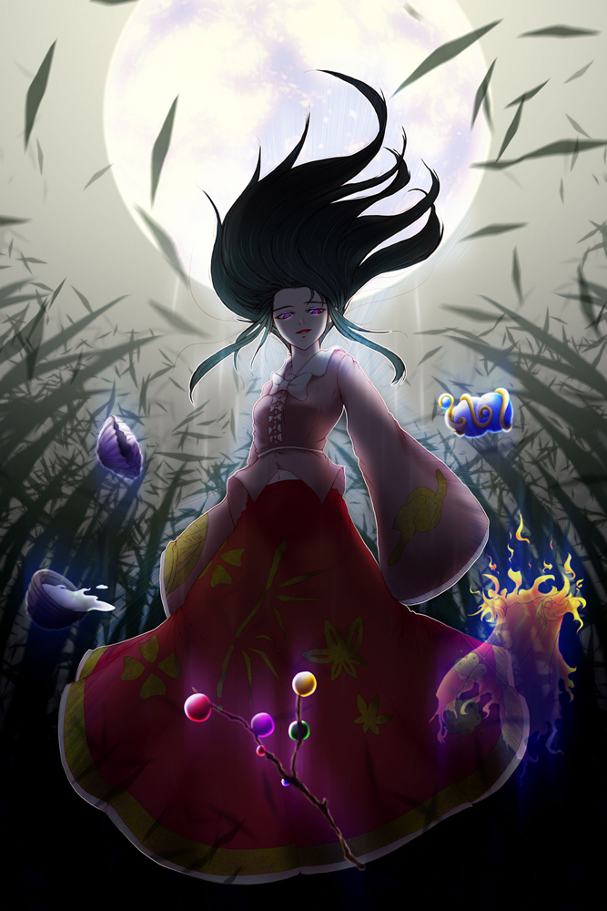 bamboo_forest, black_hair, bowl, branch, cape, collaboration, cowry_shell, dress