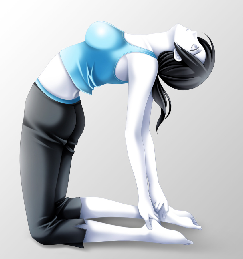 1girl, ass, barefoot, black_hair, breasts, capri_pants, feet, grey_eyes