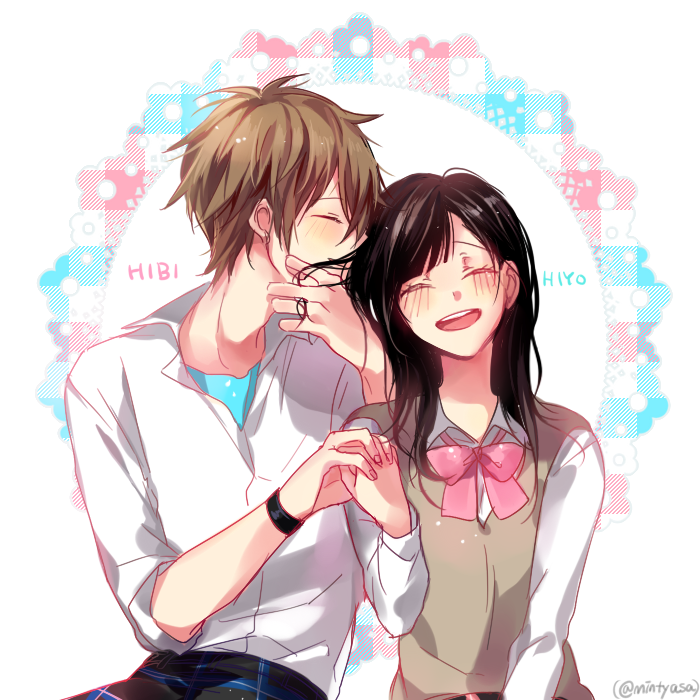 1boy, 1girl, amamiya_hibiya, asahina_hiyori, black_hair, brown_hair, closed_eyes, couple, good_end, hair_kiss, happy, haro18, holding_hands, kagerou_project, long_hair, older, school_uniform, short_hair, smile, teenage
