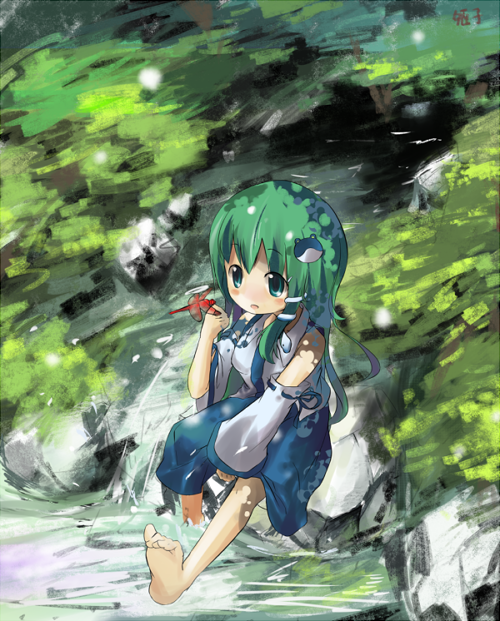 barefoot, child, dragonfly, dressed, feet, feet_in_water, green_eyes, green_hair