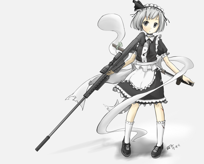 anti-materiel_rifle, barrett_m82, enmaided, ghost, gun, katana, konpaku_youmu, konpaku_youmu_(ghost), maid, myon, rifle, short_hair, silver_eyes, silver_hair, sniper_rifle, solo, sunyukun, sunyukun_(pixiv230807), sword, touhou, weapon