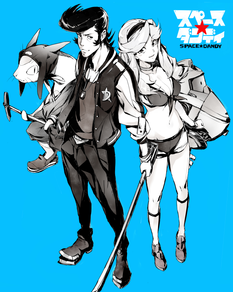 1boy, black_hair, boobies_uniform, breasts, cleavage, dandy_(space_dandy), honey_(space_dandy), jewelry