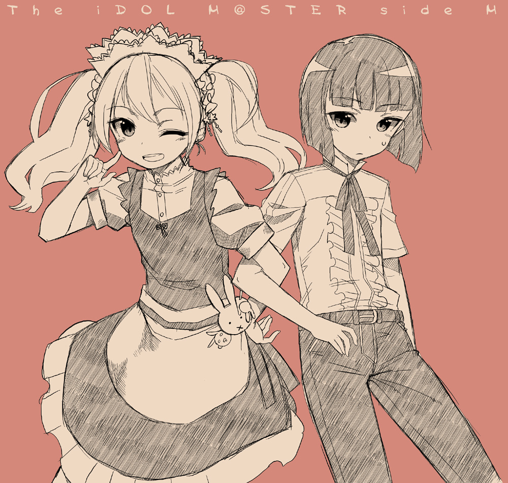2boys, apron, blush, bob_cut, crossdressinging, dress, hair_ornament, idolmaster