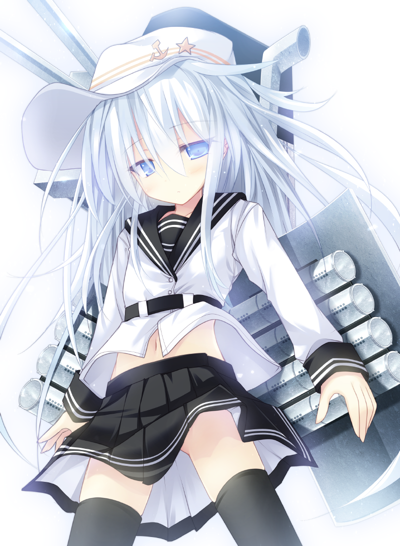 1girl, ai_takurou, black_legwear, blue_eyes, blue_hair, blush, hammer_and_sickle, hibiki_(kantai_collection)