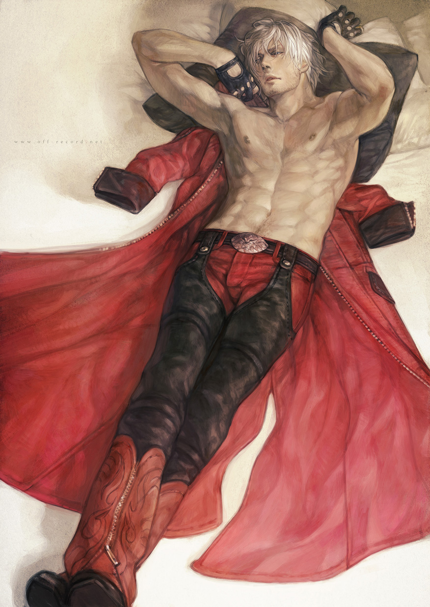 1boy, abs, chaps, coat, dante, dante_(devil_may_cry), devil_may_cry, devil_may_cry_(series), facial_hair, fingerless_gloves, gloves, highres, lying, male, male_focus, manly, muscle, muscular, muscular_male, navel_hair, no_shirt, on_back, rae, realistic, shirtless, short_hair, solo, stubble, white_hair, zipper